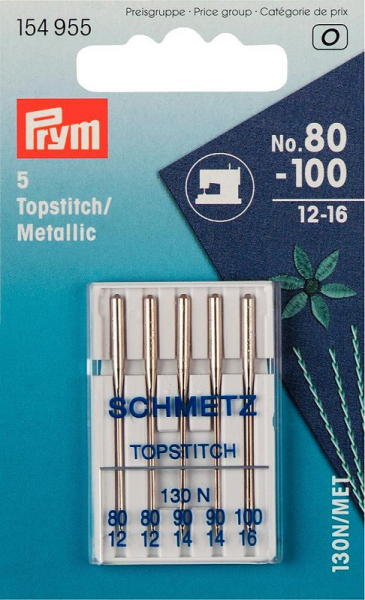 Prym Topstitch/Metallic Nähmaschinennadeln 130 N 80-100 12-16 5er Set 